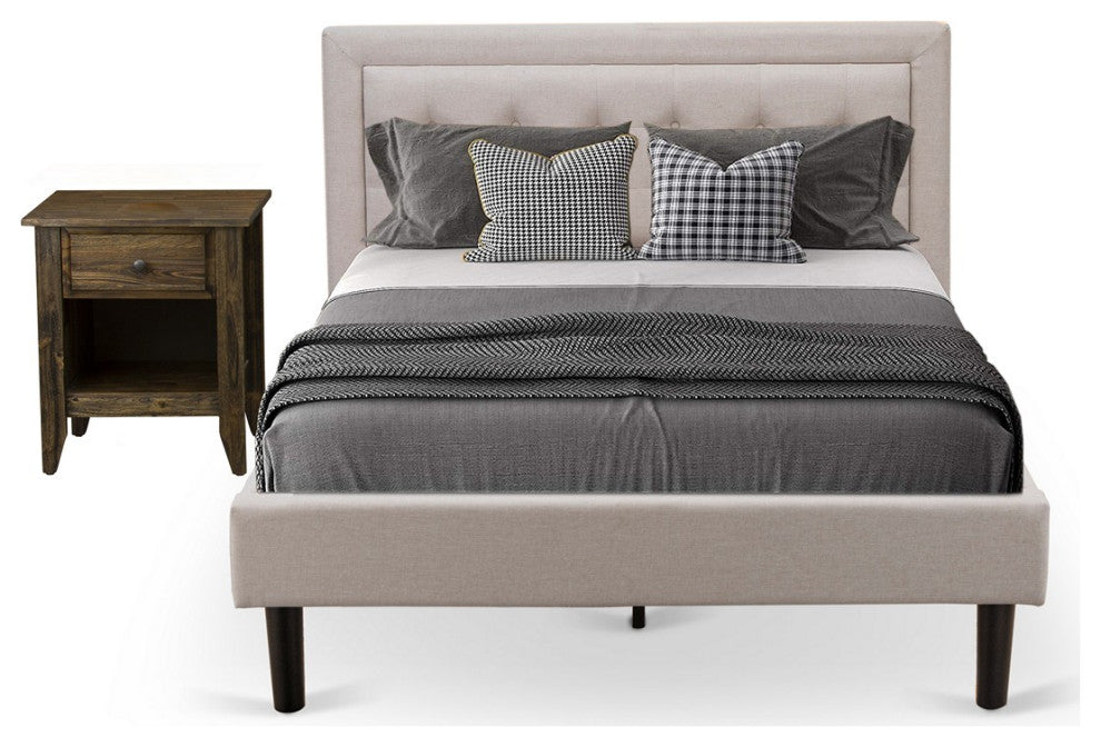 2-PiecePlatform Bedroom Set, 1 Wood Bed Frame, Bedroom Nightstand, Mist Beige