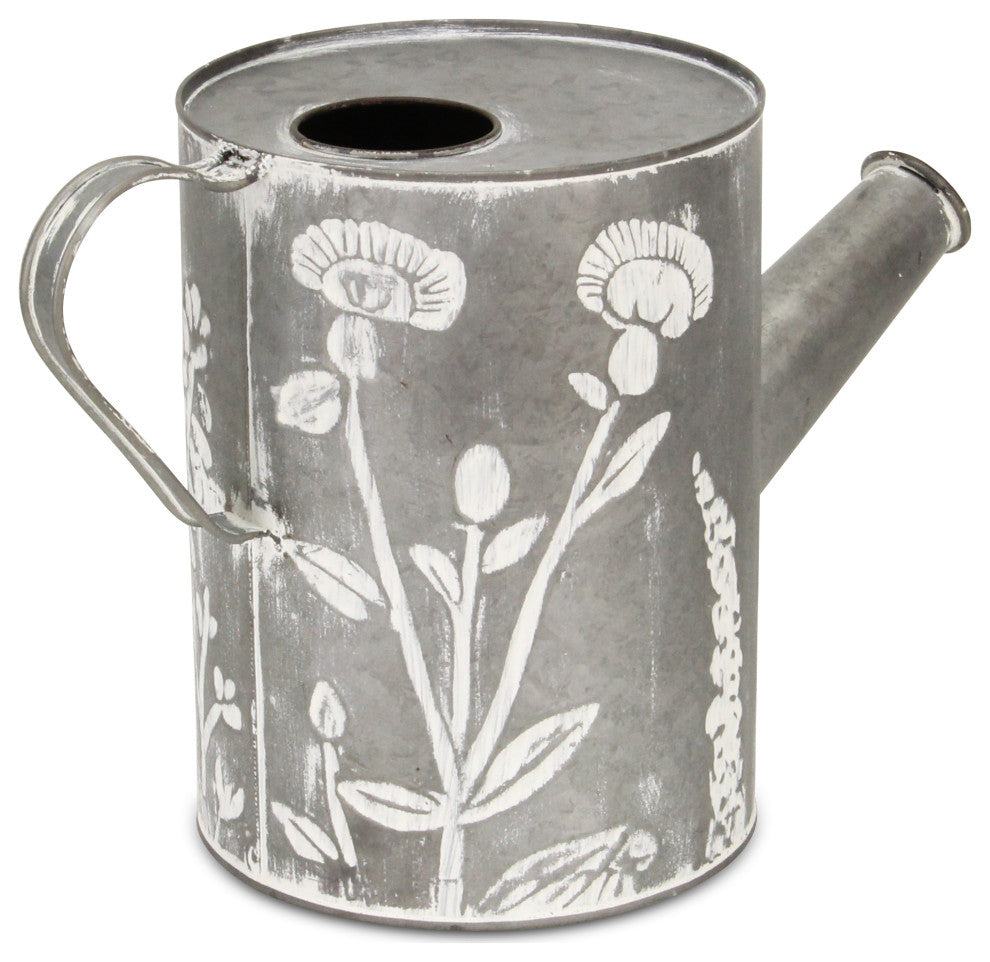 White Washed Galvanized Metal Pitcher Decor With Garden Pattern