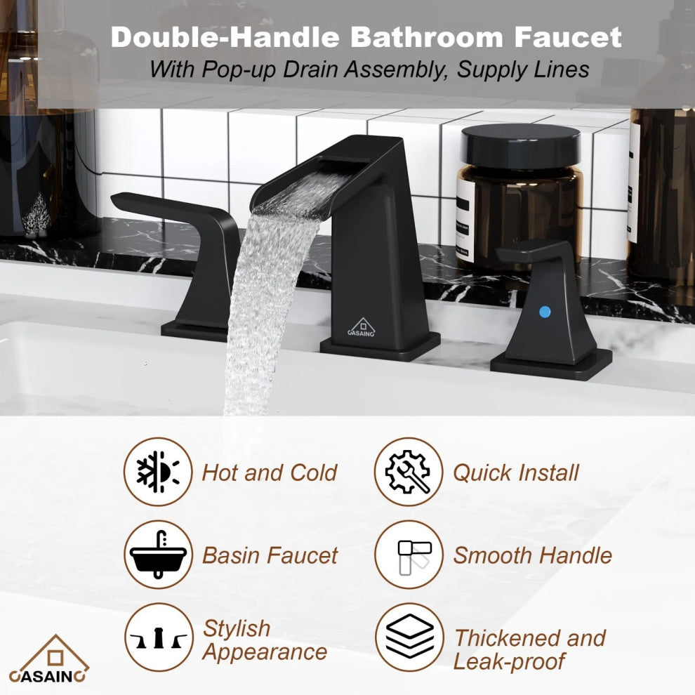 CASAINC 6-12in Bathroom Sink Faucet 2 Handle Centerset for 3 Hole with Drain Kit, Matte Black