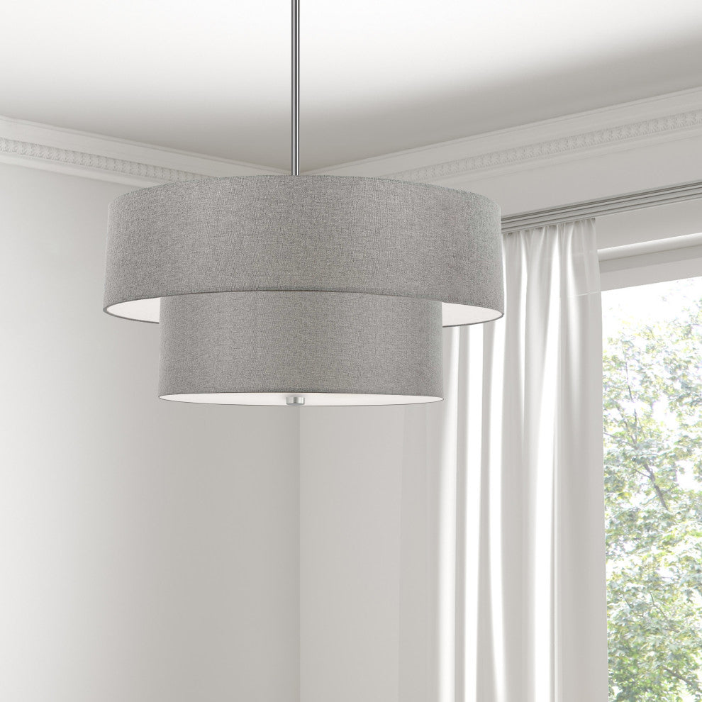 4 Light Incandescent 2 Tier Pendant, Satin Chrome with Grey Shade