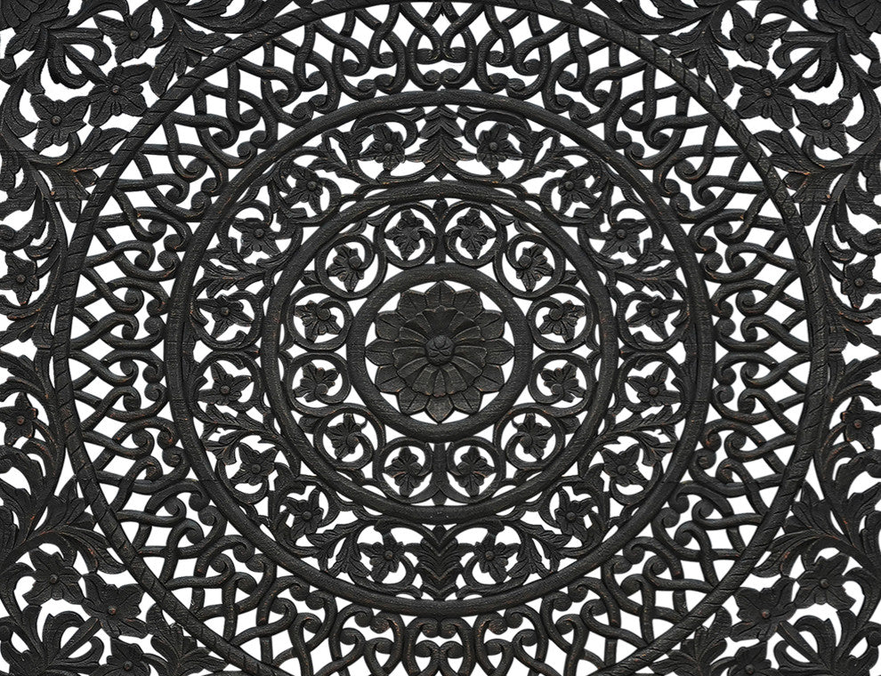 Milano Floral Carved Solid Wood Queen Panel Bed, Black, King