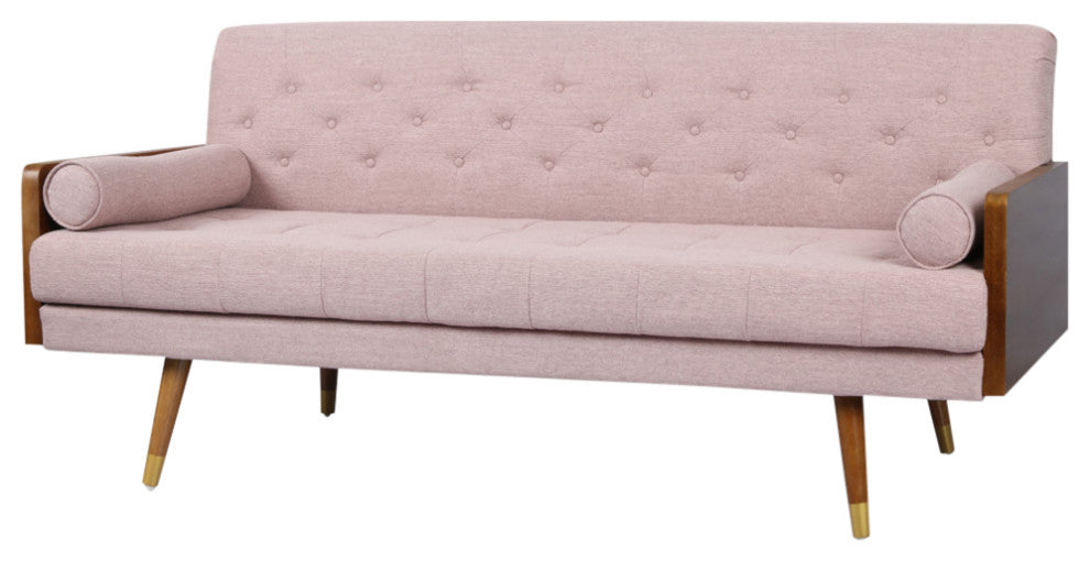 GDF Studio Aidan Mid-Century Modern Tufted Fabric Sofa, Light Blush/Dark Walnut