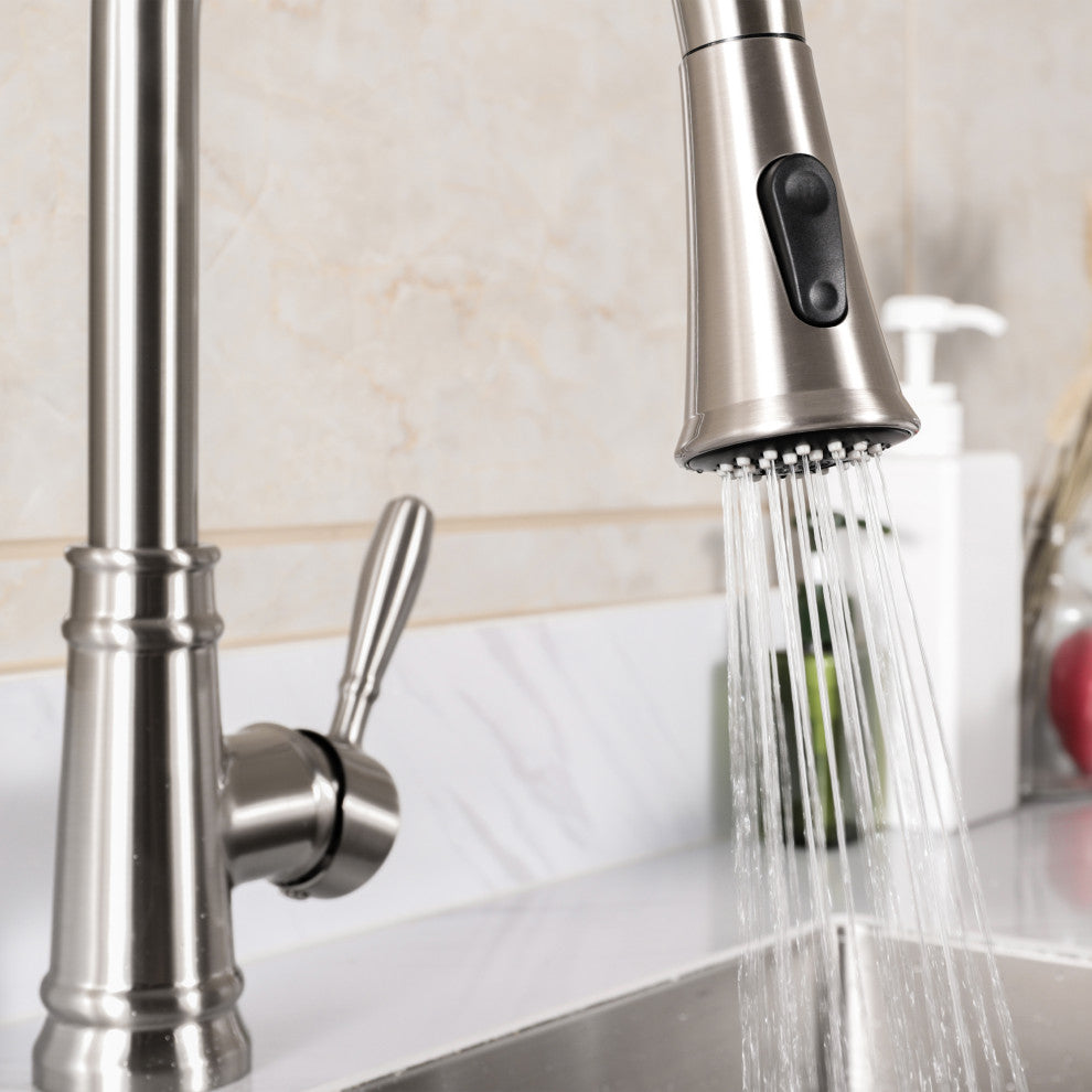 Single Handle High Arc Pull Out Kitchen Faucet in Brushed Nickel Finish