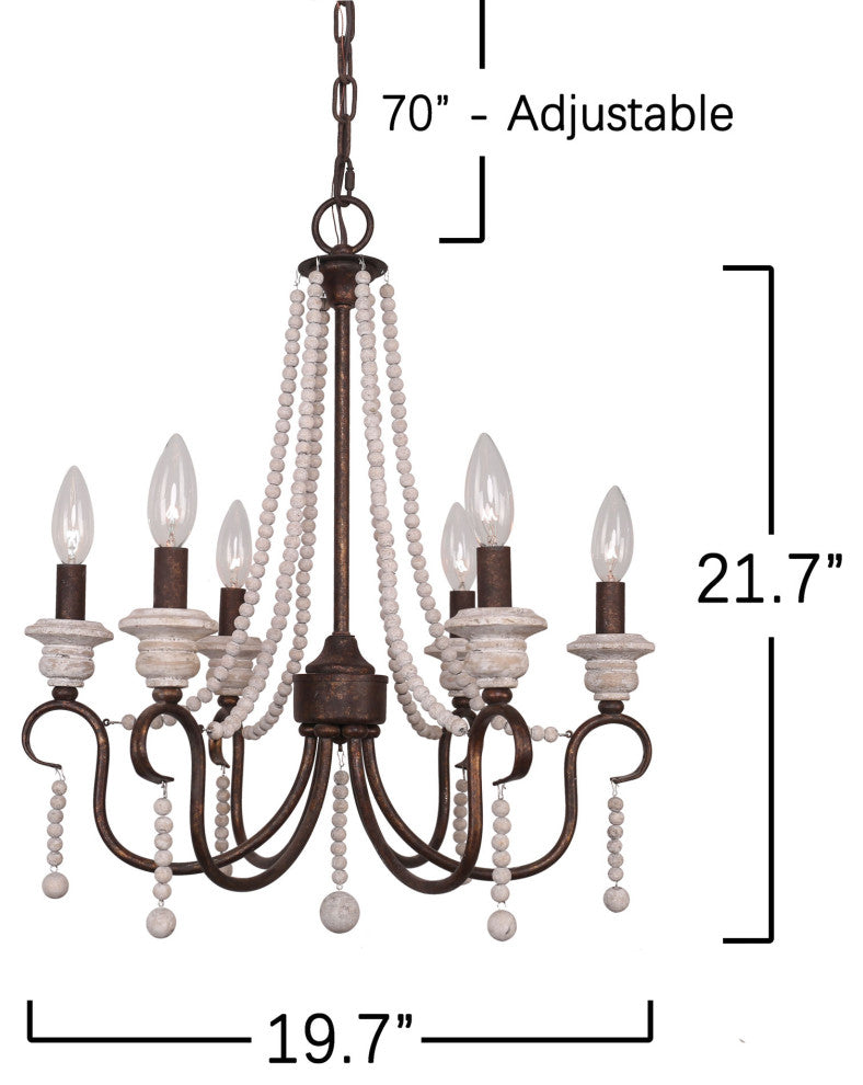 6-Light French Country chandelier With Wood Bead Strings Distressed Wood, Rusty