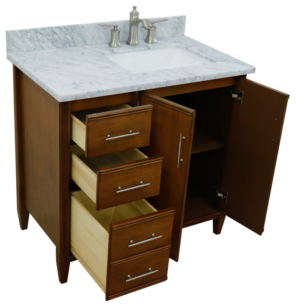 37" Single Vanity, Walnut Finish With White Carrara