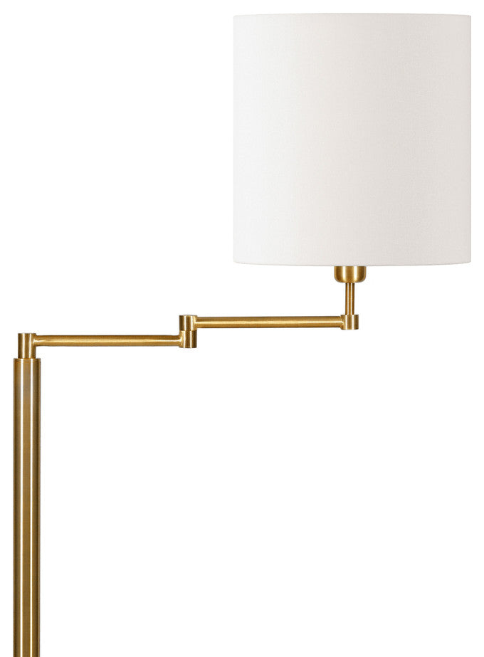 62" Brass Swing Arm Floor Lamp With White Frosted Glass Drum Shade