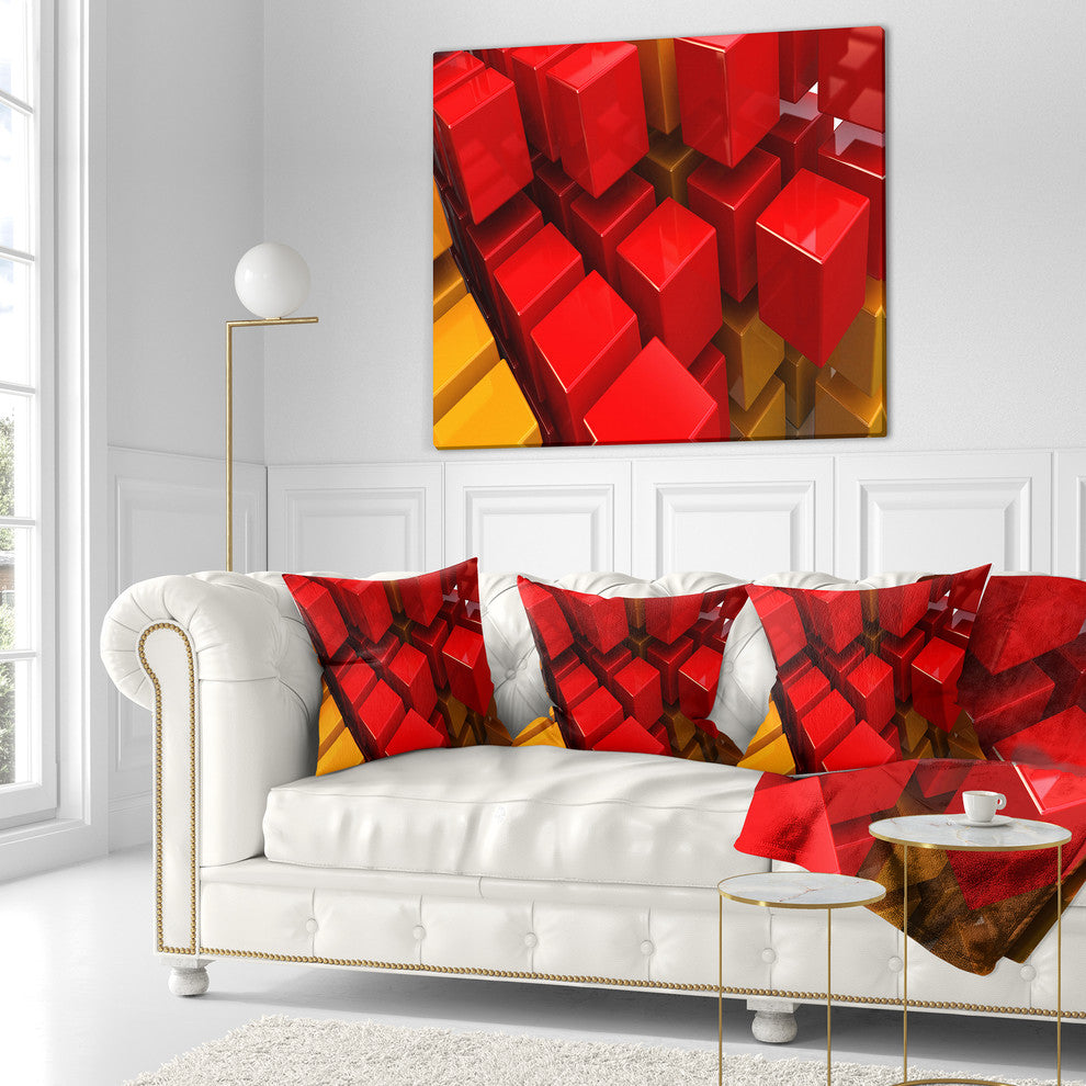 Fractal 3D Red N Yellow Cubes Contemporary Throw Pillow, 18"x18"