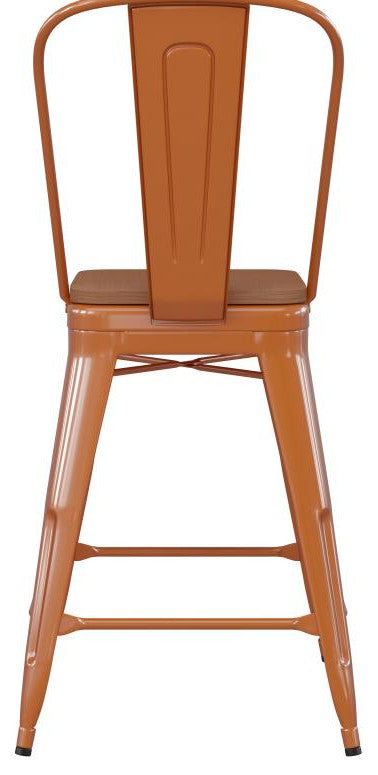 Kai Commercial Grade 24" Metal Indoor-Outdoor Counter Stool w/Removable Seat, Orange/Teak