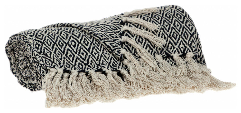 Boho Black and Beige Woven Diamond Pattern Throw With Tassels