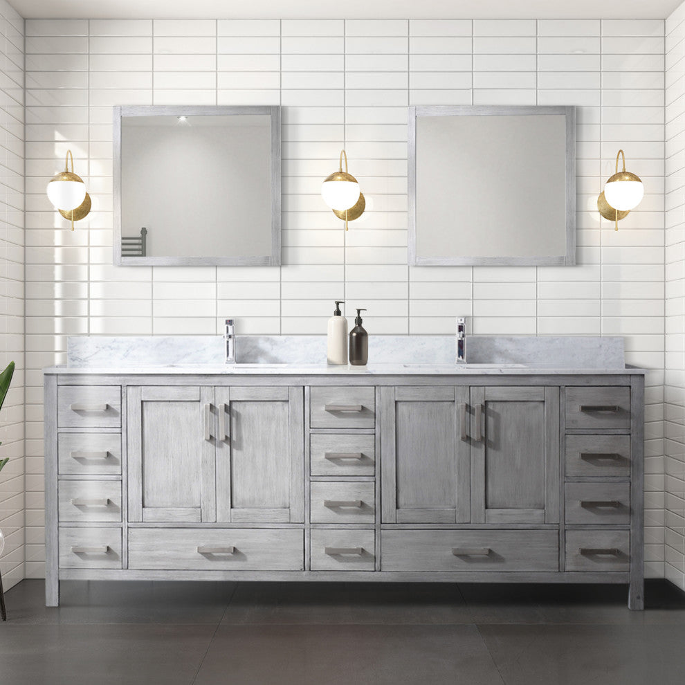 84" Distressed Gray Double Vanity, White Marble Top, White Sinks and 34" Mirrors