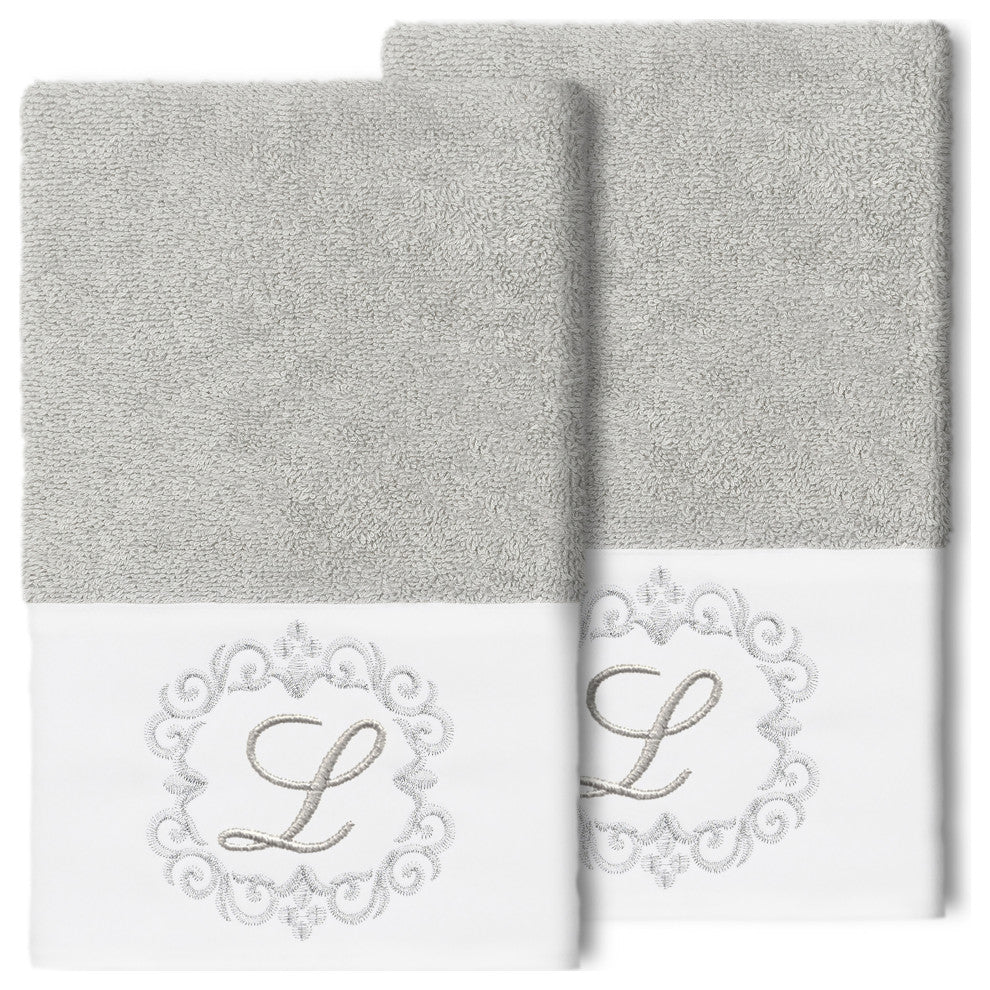 Linum Home Turkish Cotton Monica 2-Piece Embellished Hand Towel Set, Light Gray