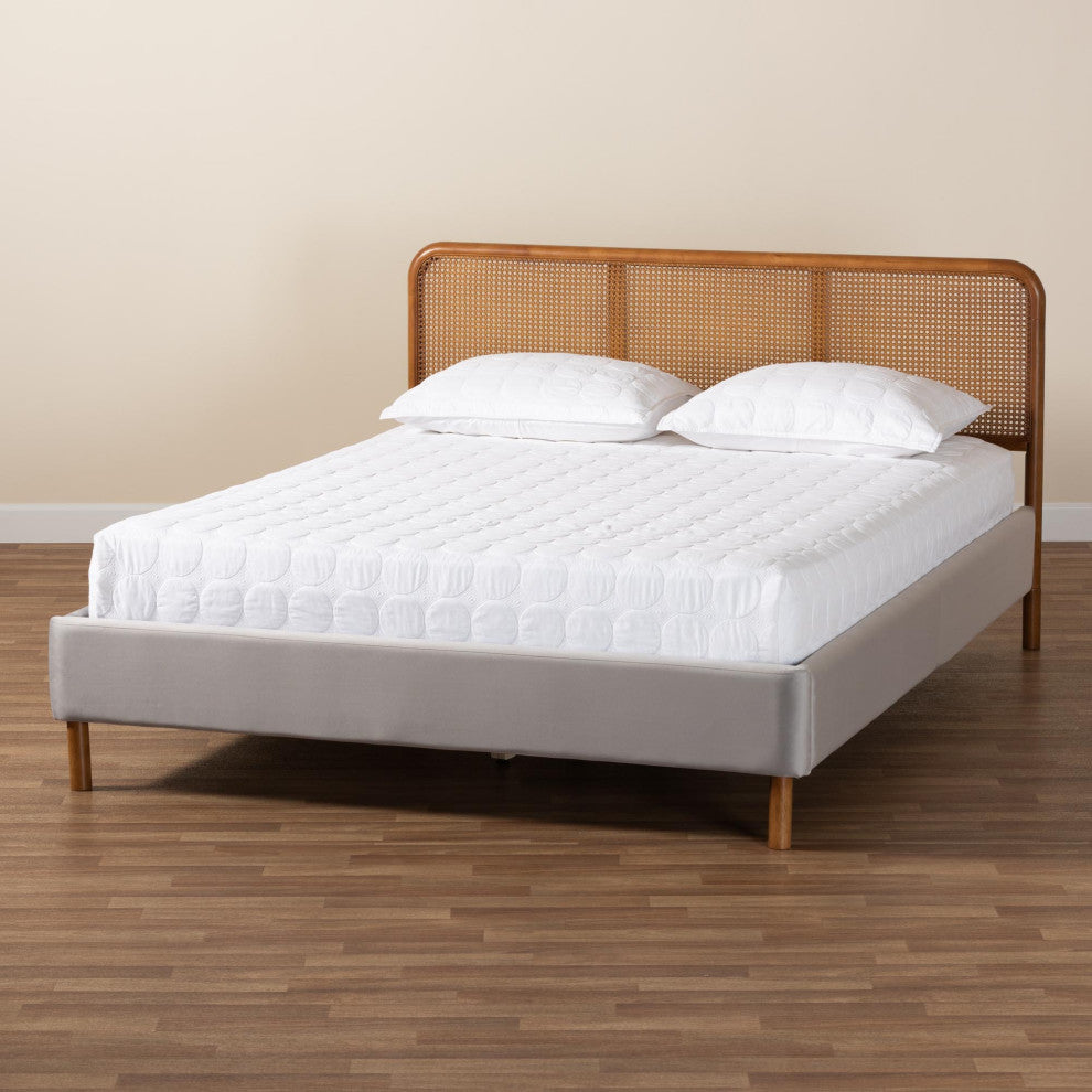 Fay Light Grey Velvet Queen Size Platform Bed