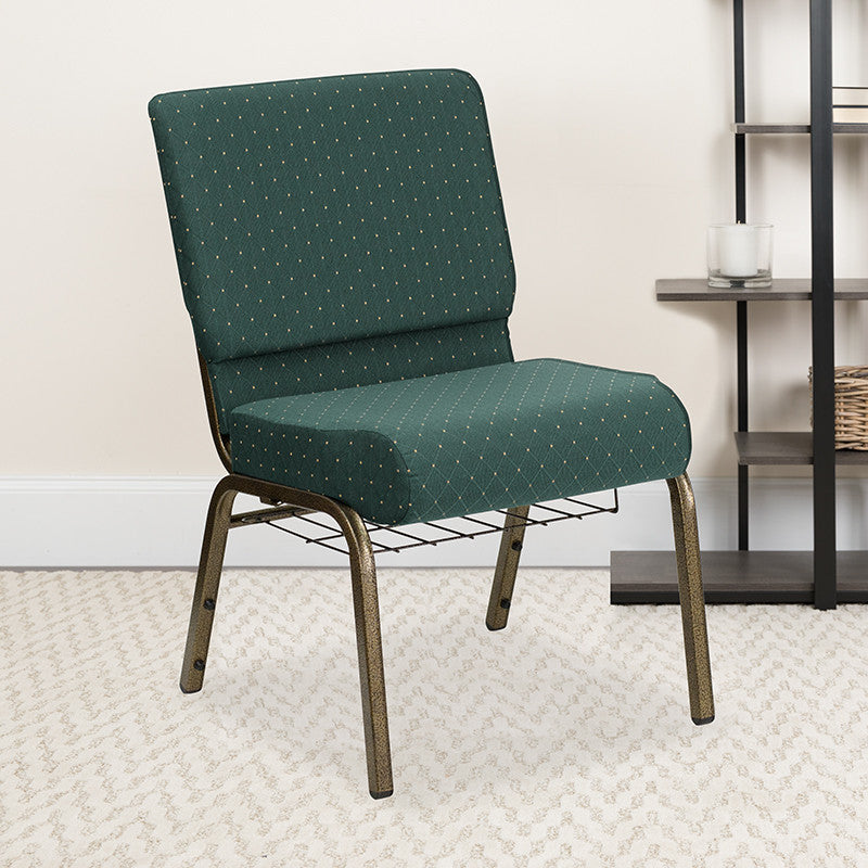 21''W Chair in Hunter Green Dot Patterned Fabric with Book Rack