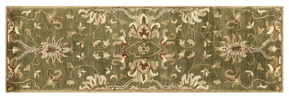2' X 7' Emerald Green Floral Vine Wool Runner Rug