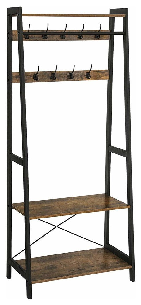 Iron Framed Coat Rack with Two Storage Shelves and Hanging Rail, Brown and Black