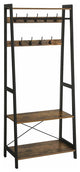 Iron Framed Coat Rack with Two Storage Shelves and Hanging Rail, Brown and Black