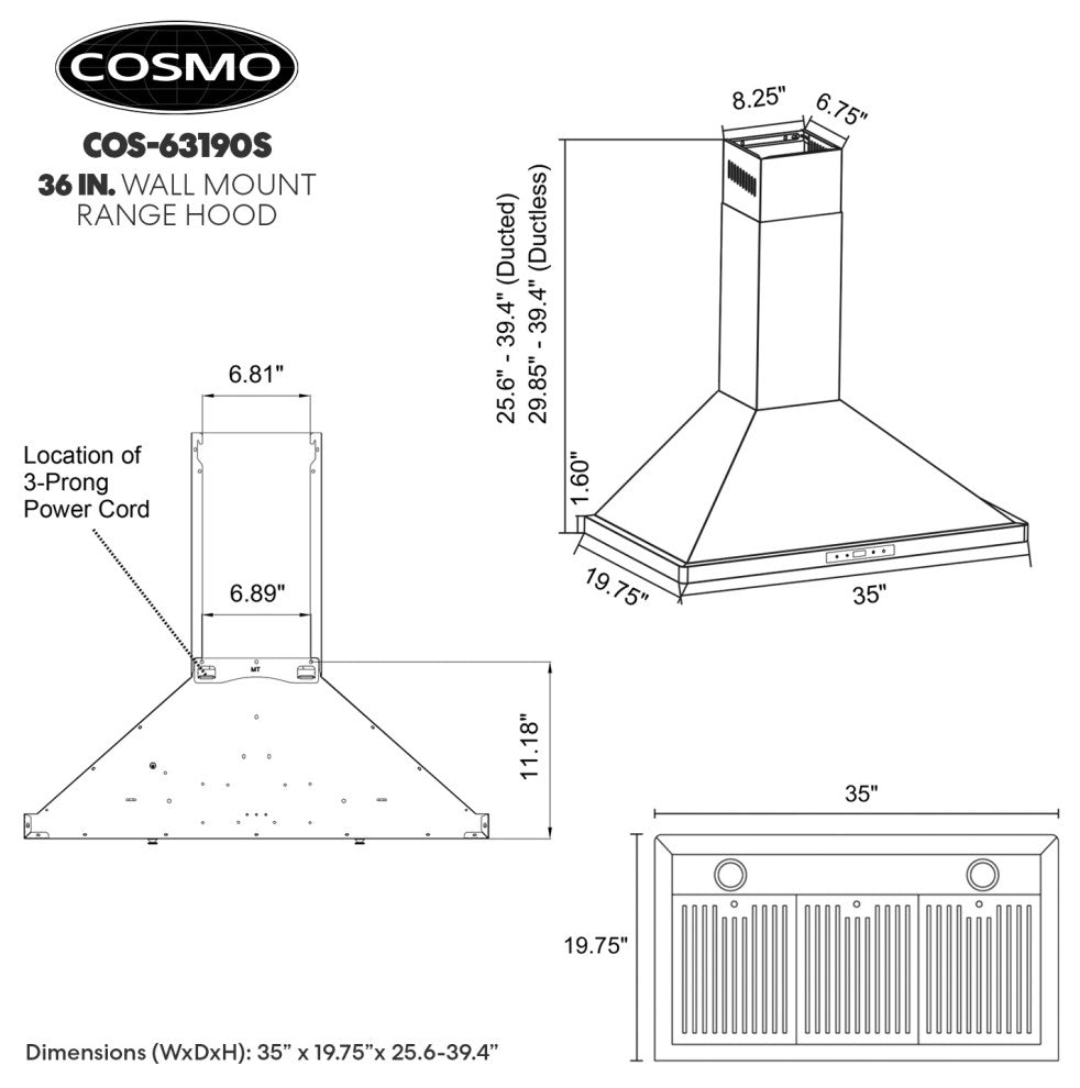 Cosmo Ducted Wall Mount Range Hood in Stainless Steel, Permanent Filters, 36"