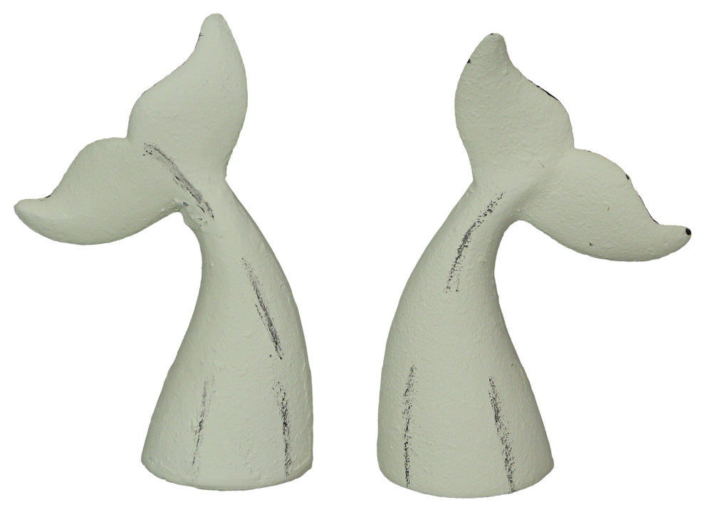 Set of 2 White Cast Iron Whale Tail Bookends Nautical Home Decor Bookshelf