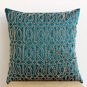 Green Art Silk 14x14 Lattice Trellis Pillowcases, Geometric Royal Peacock Green