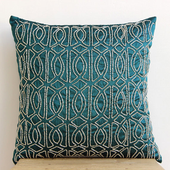 Green Art Silk 14x14 Lattice Trellis Pillowcases, Geometric Royal Peacock Green