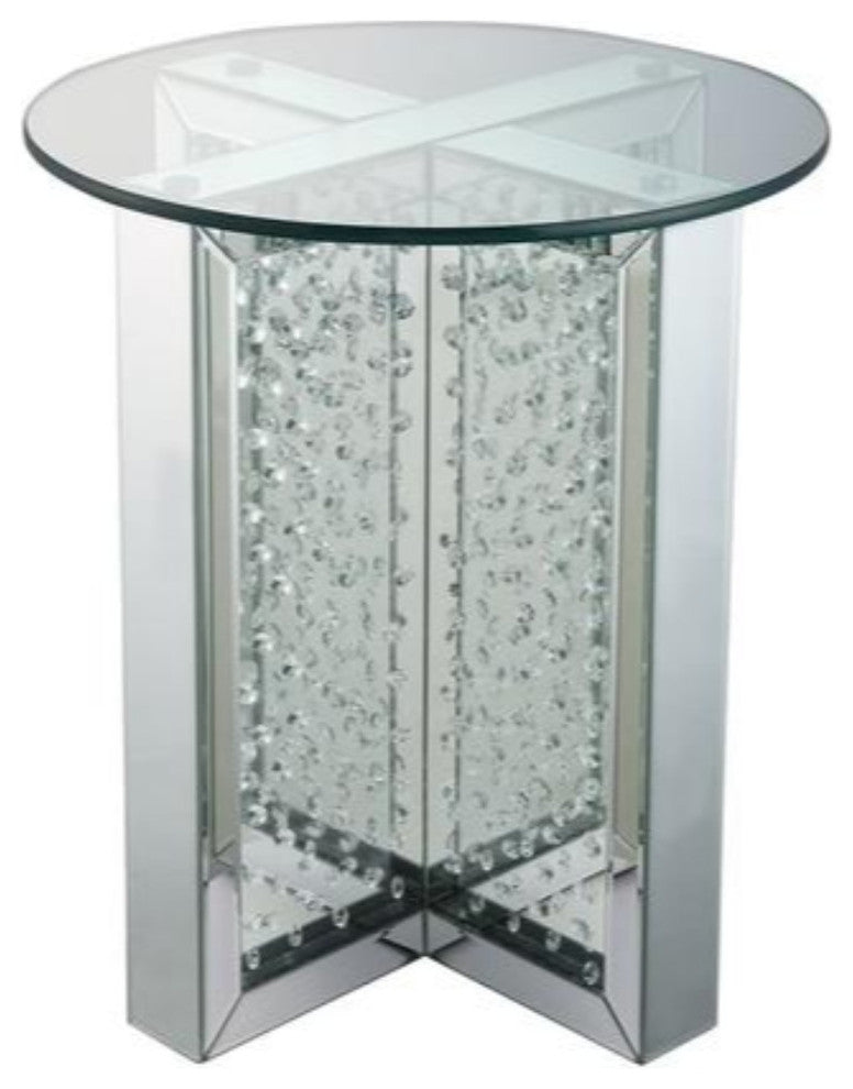Benzara BM186246 Metal End Table with Glass Top and Crystal Accent Base, Silver