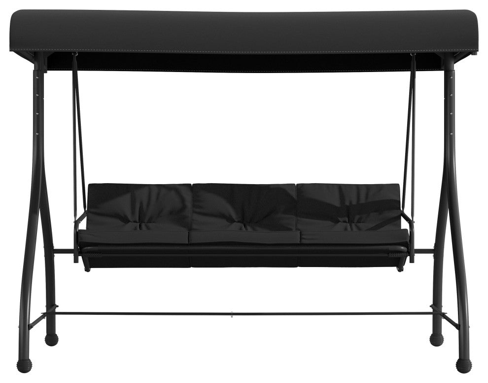 3-Seat Outdoor Steel Converting Patio Swing Canopy Hammock With Cushions, Black