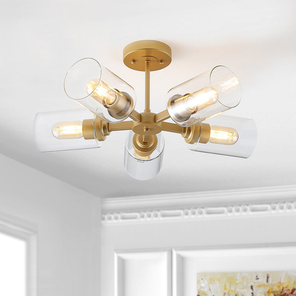 Jaynie 21.5" 5-Light Farmhouse Iron LED Semi Flush Mount, Brass Gold/Clear