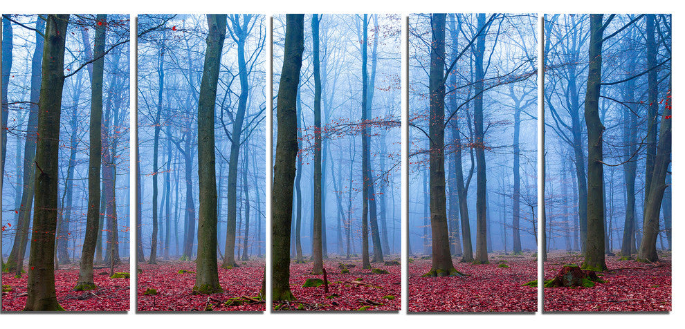 Foggy Forest in Blue and Pink Photo, Modern Forest Canvas Art, 60"x28", 5 Panels
