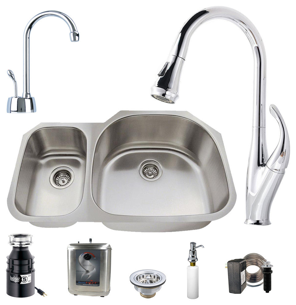 All-in-One 31.5" Undermount Stainless Steel 30/70 Double Bowl Kitchen Sink Set
