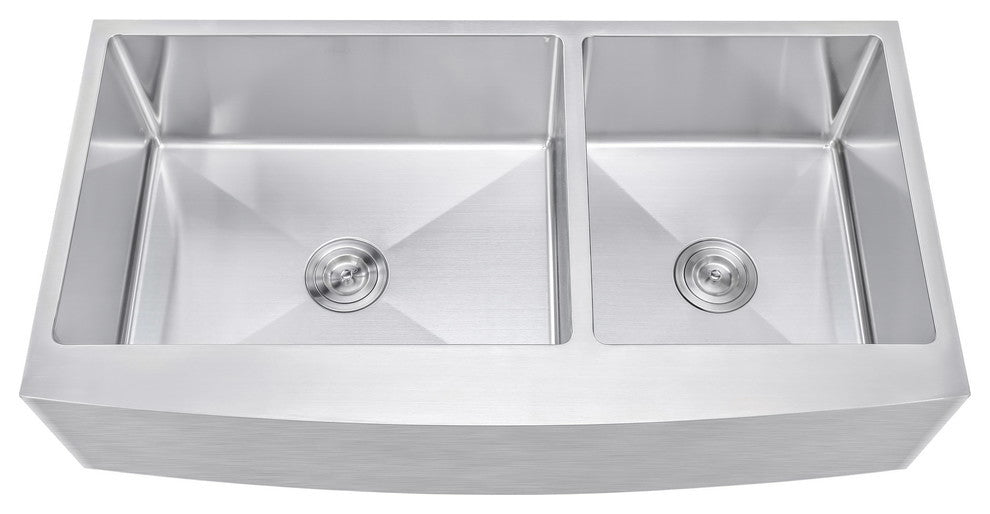 42" Curved Front Offset Double Bowl Stainless Steel Farmhouse Sink