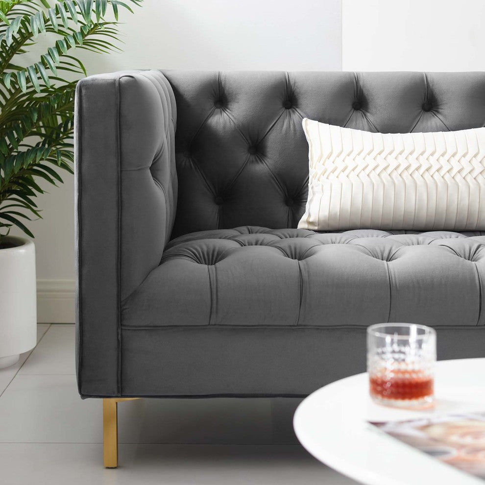 Delight Tufted Button Performance Velvet Sofa Gray