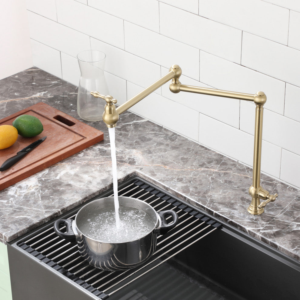 Deck-Mounted Double Handle Pot Filler Kitchen Faucet Stove Faucet, Brushed Gold