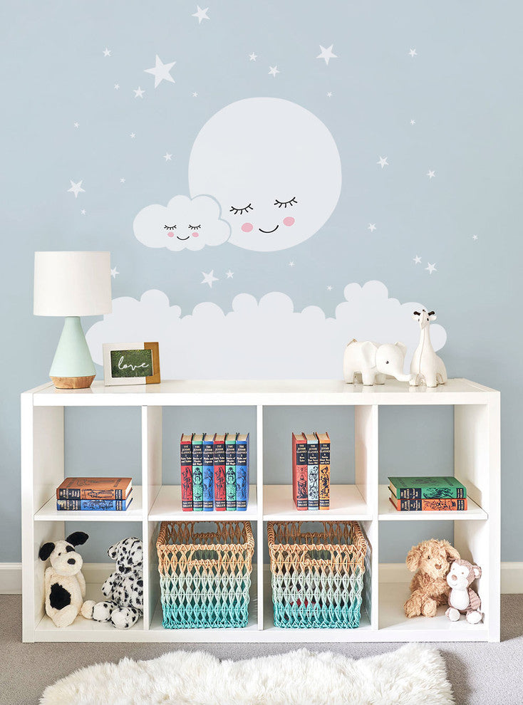 Moon, Clouds, and Stars Wall Decal, White