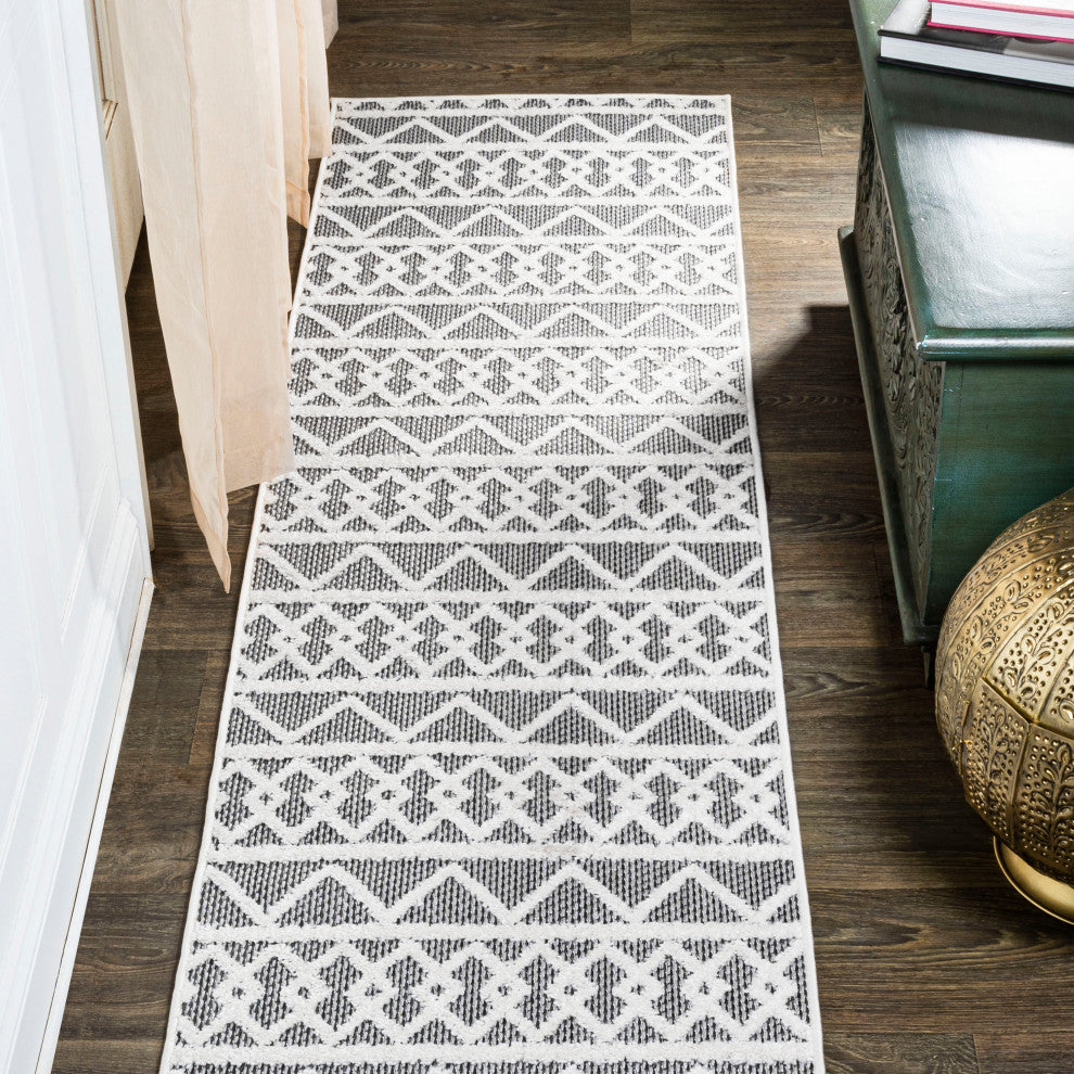 Aylan High-Low Pile Trellis Indoor/Outdoor Black/Ivory 2 ft. x 10 ft. Runner Rug