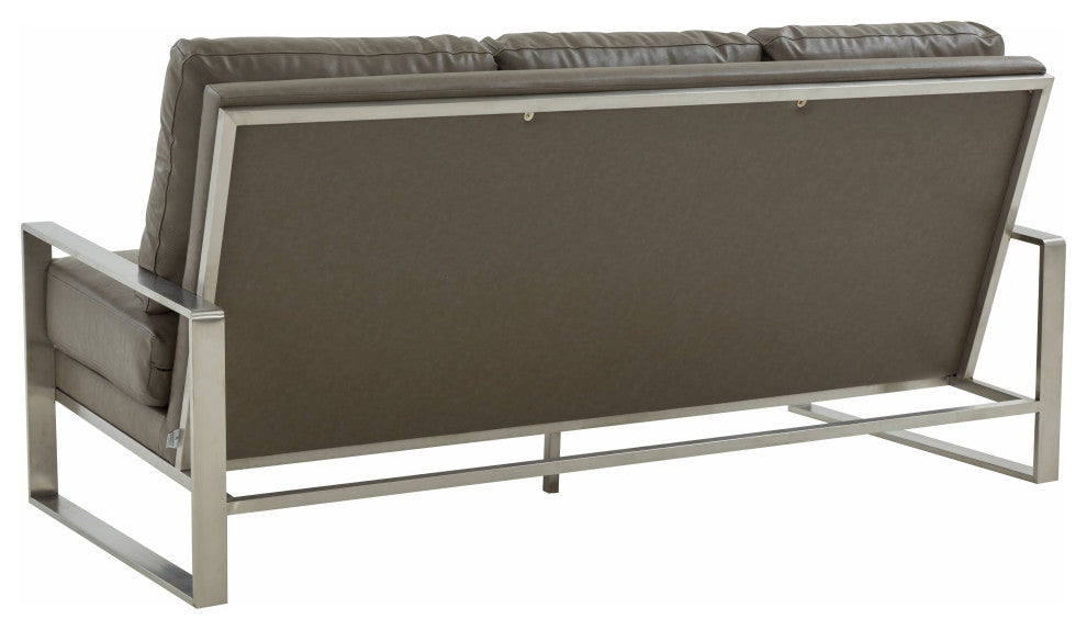 LeisureMod Jefferson Modern Faux Leather Sofa With Silver Frame, Gray