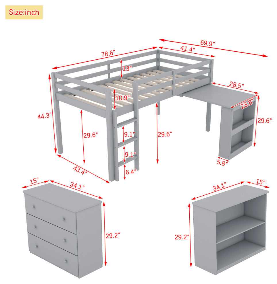 GDF Studio Wood Twin Loft Bed With Flexible Storage & Safety Guardrail, Gray