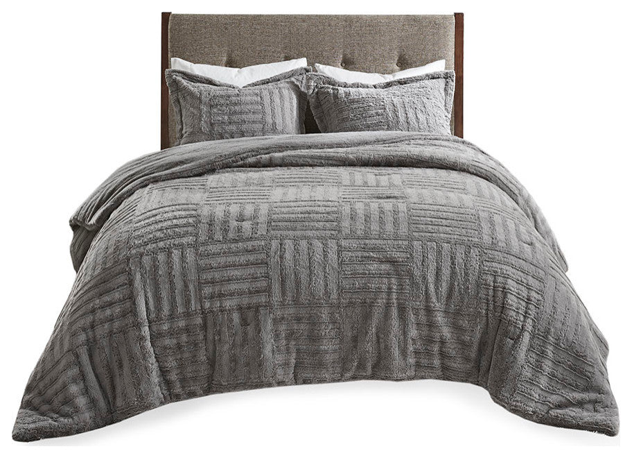 Madison Park Arctic 3-Piece Faux Faur Checkbord Comforter Set, Grey