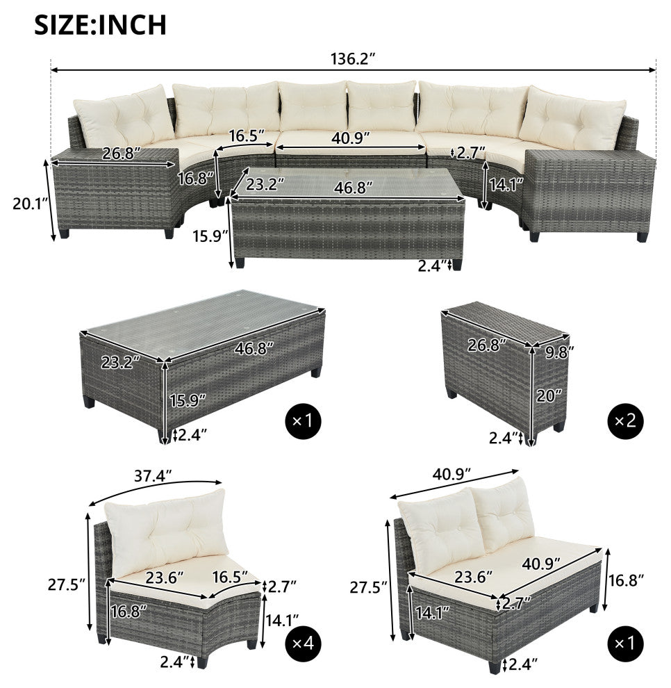 8 Pieces Outdoor Wicker Curved Patio Sectional with Coffee Table and Cushions, Beige