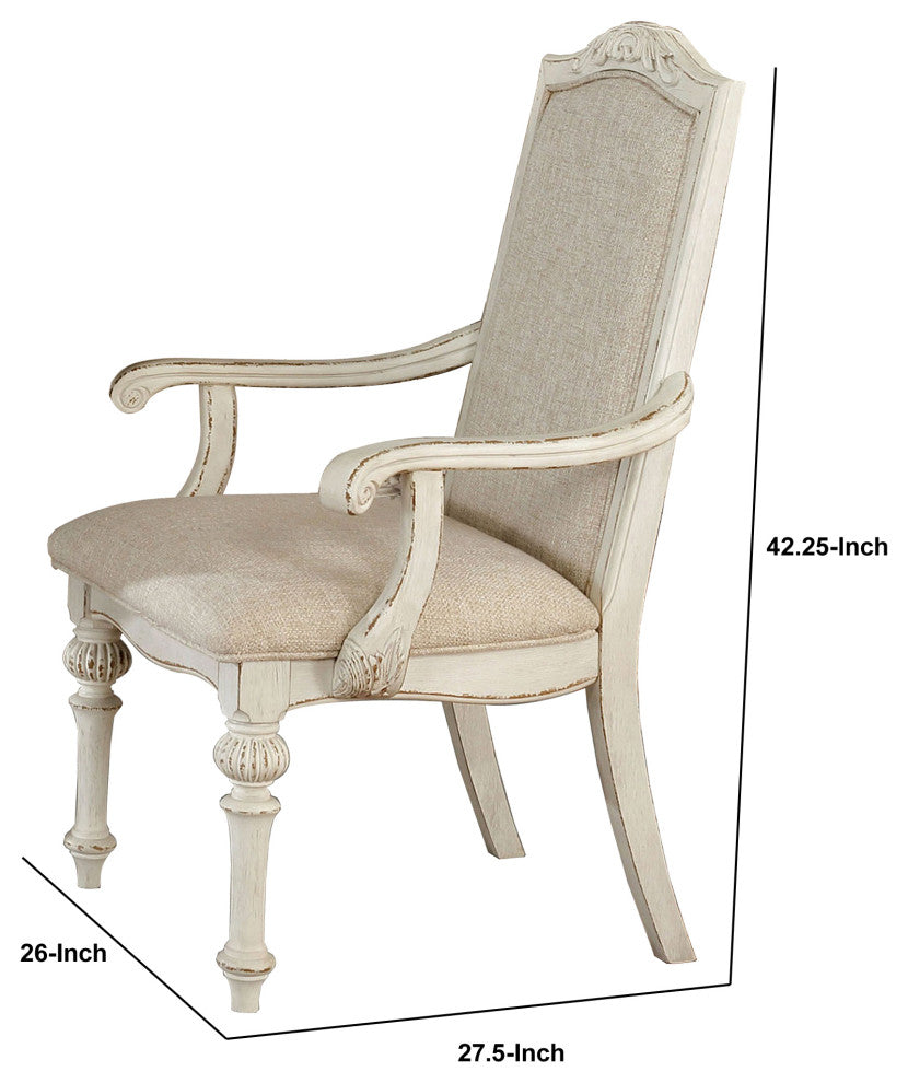 Benzara BM235431 Rustic Wooden Arm Chair, Intricate Carvings, Set of 2, White