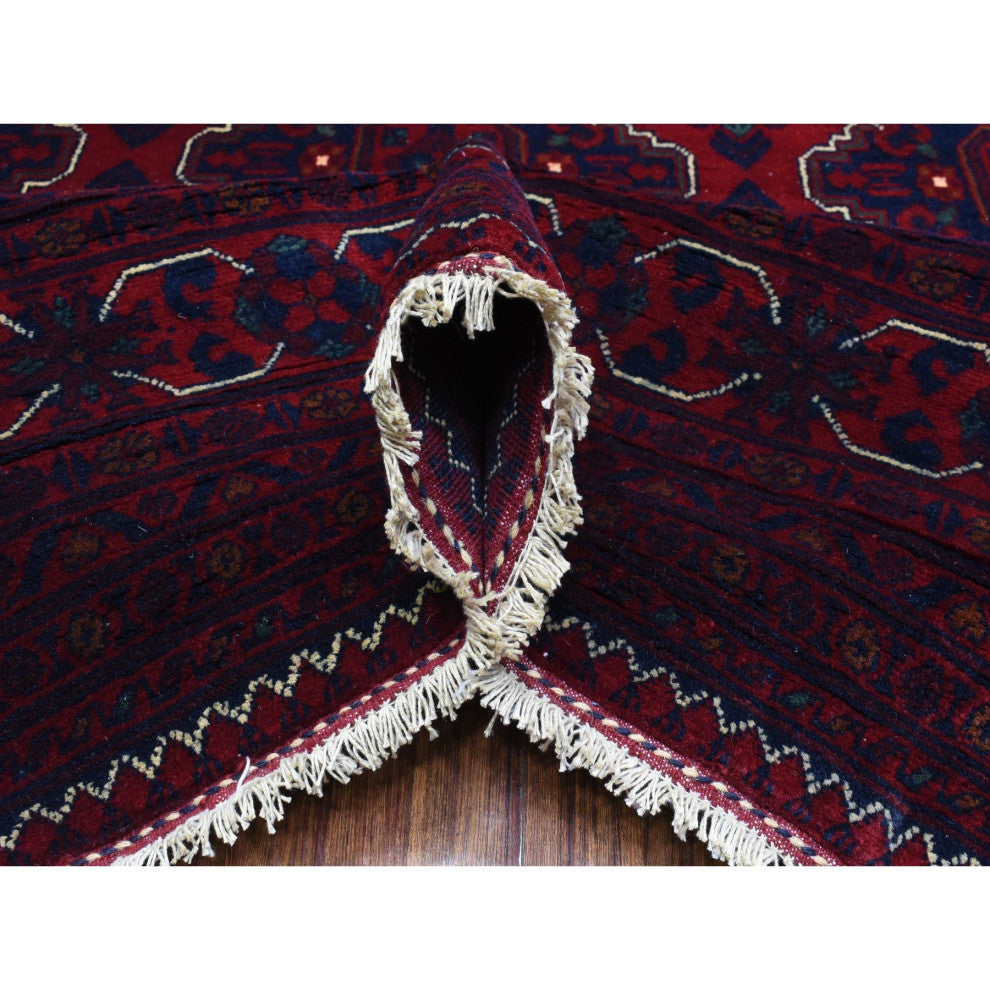 Red Hand Knotted Tribal Design Shiny Wool Afghan Khamyab Oriental Rug, 9'8"x13'