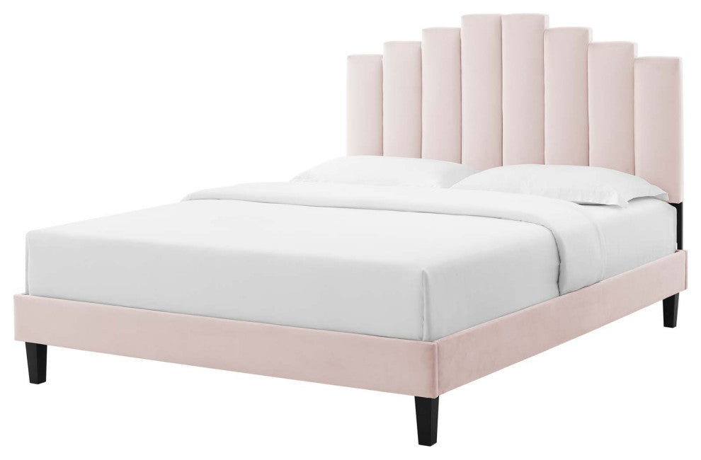 Platform Bed Frame, Queen Size, Velvet, Pink, Modern Contemporary, Bedroom