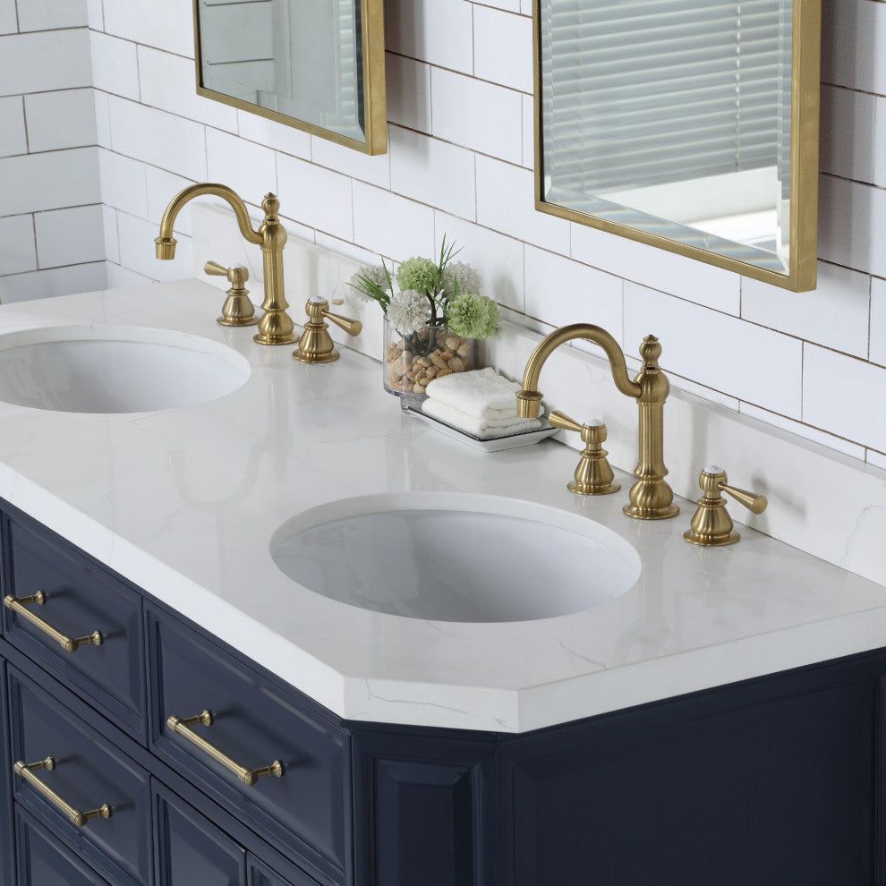 Palace 60" Double Sink White Quartz Countertop With Mirror, Blue