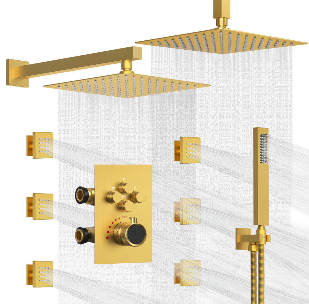 Thermostatic Shower System 12" Dual Shower Heads with Body Jet, Brushed Gold