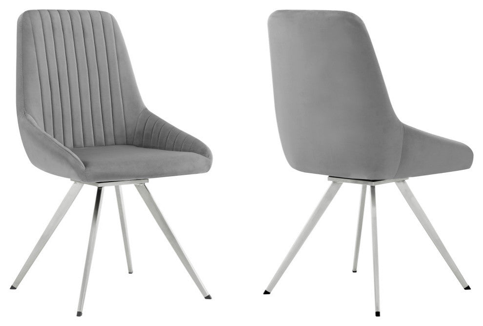 Skye Swivel Gray Velvet and Stainless Steel Dining Room Chairs, Set of 2