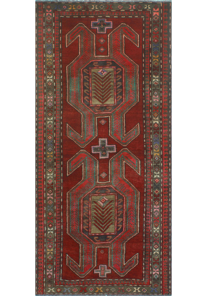 Fine Vintage Distressed Hussein Burgundy/Gray Runner, 4'3x9'3