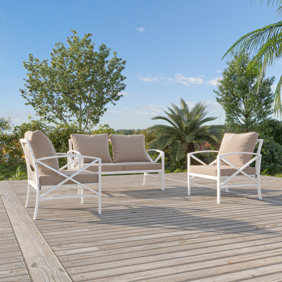 3 Pieces Outdoor Metal Patio Sectional Sofa Set With Cushions, Camel