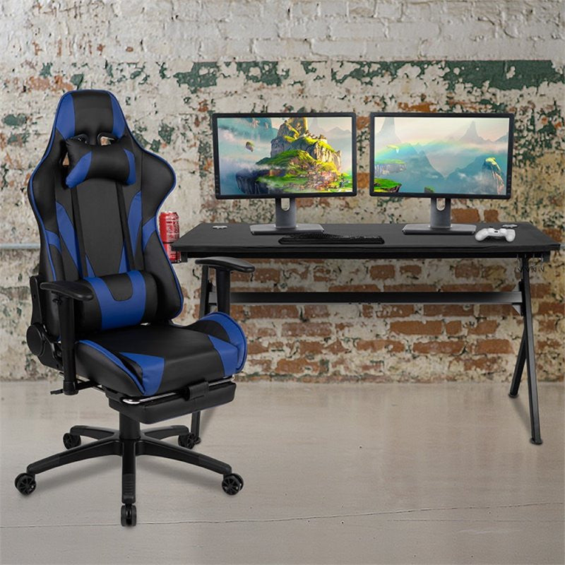 Gaming Desk and Blue Footrest Reclining Chair Set
