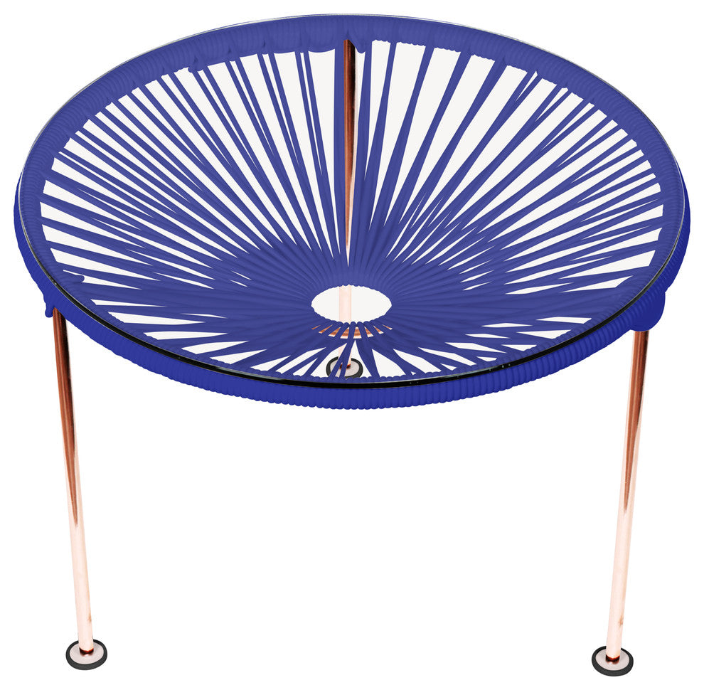 Zicatela Indoor/Outdoor Handmade Side Table, Deep Blue Weave, Copper Frame
