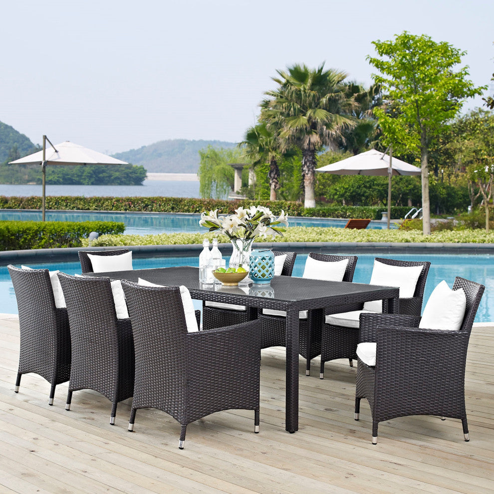 9 Piece Outdoor Dining Set, Faux Wicker Rattan, White