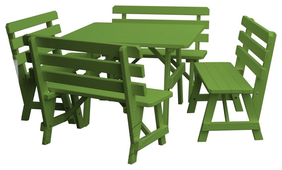Pine 43" Square Table with Backed Benches, Lime Green
